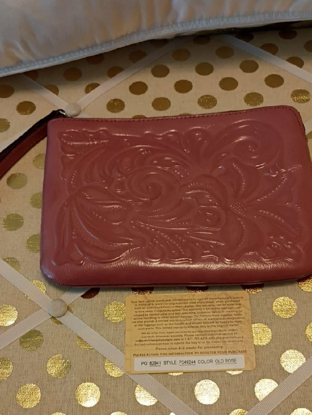 Patricia Nash Cassini Embossed Wristle Pouch Color Old Rose NWOT